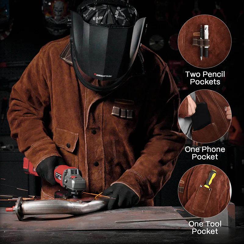 Arccaptain Heavy Duty Cowhide Welding Jacket Brown Leather Coat - Image 5